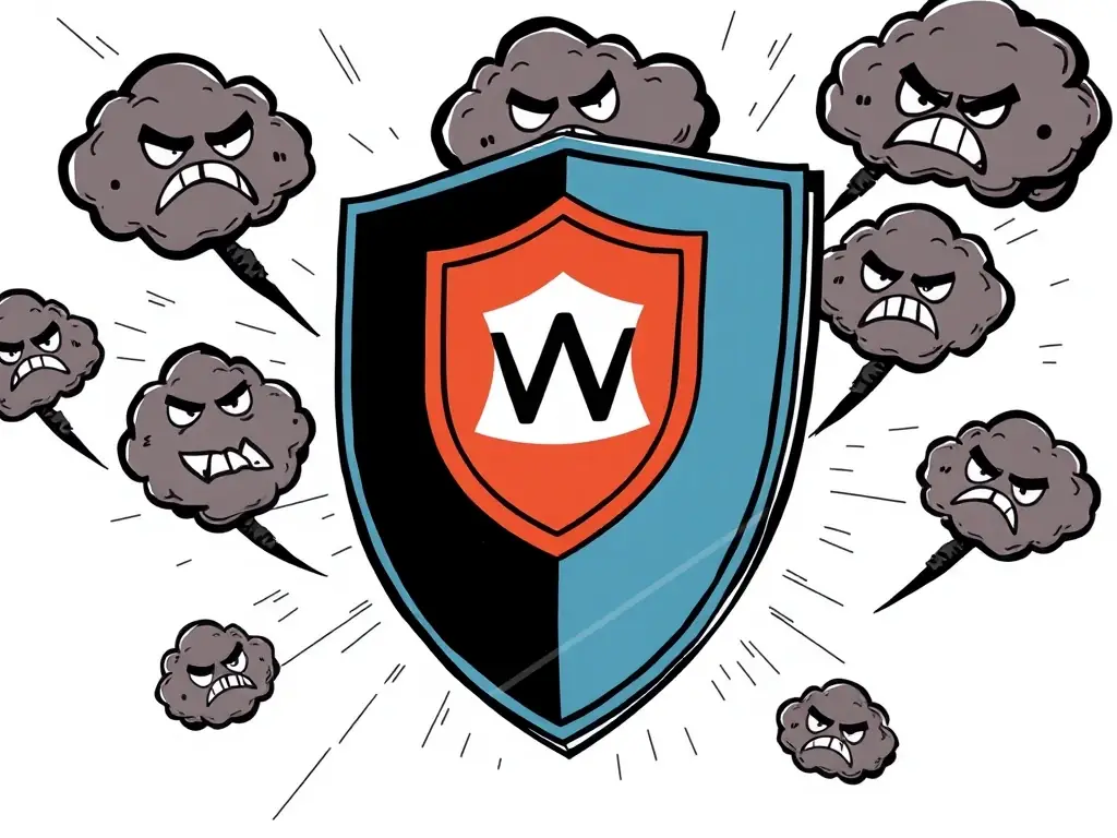 A graphic depicting a shield protecting a company's logo from negative online mentions, symbolizing the monitoring and management of e-reputation.