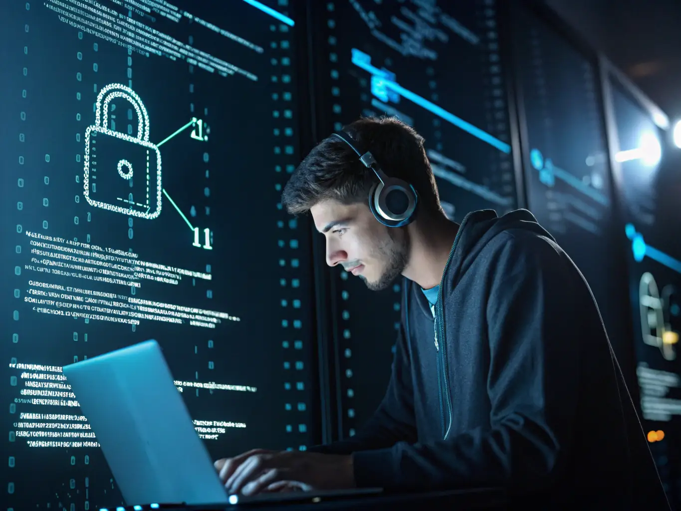 A digital illustration depicting a hacker ethically scanning a network represented by interconnected nodes and data streams, symbolizing the external attack surface assessment.