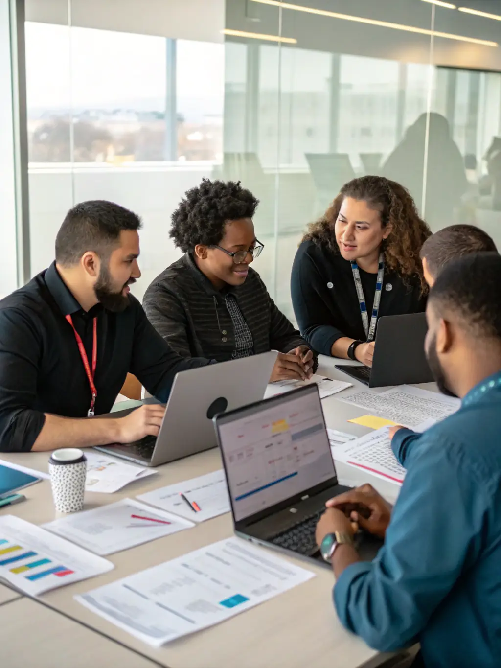 A diverse group of cybersecurity experts collaborating on a threat assessment, symbolizing knowledge sharing and community building within the CyberMétéo initiative.