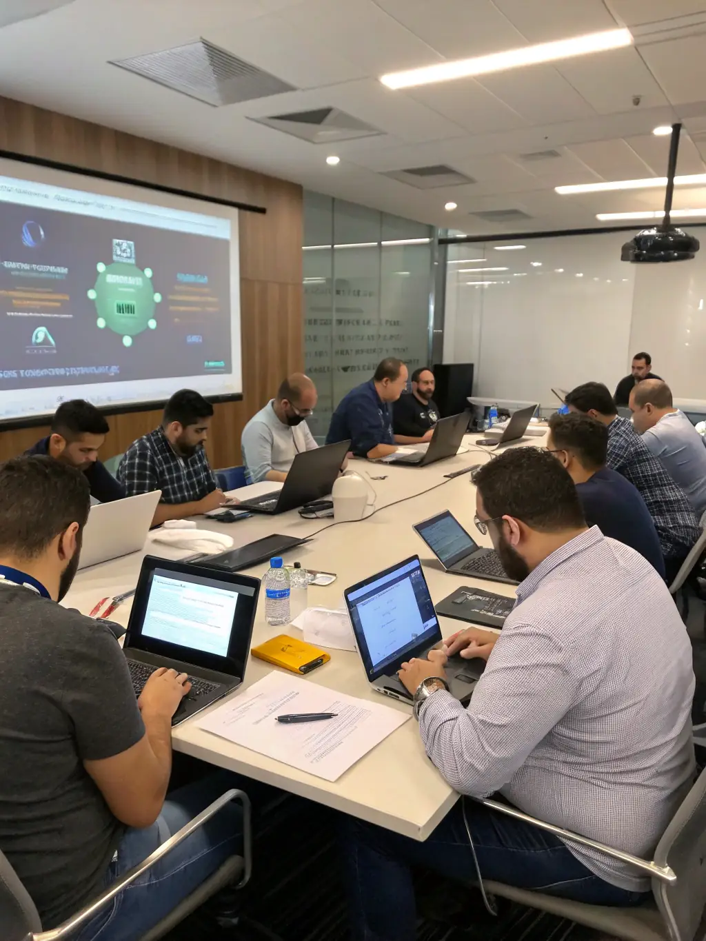 A diverse group of professionals participating in a cybersecurity workshop, with a focus on interactive learning and practical exercises.