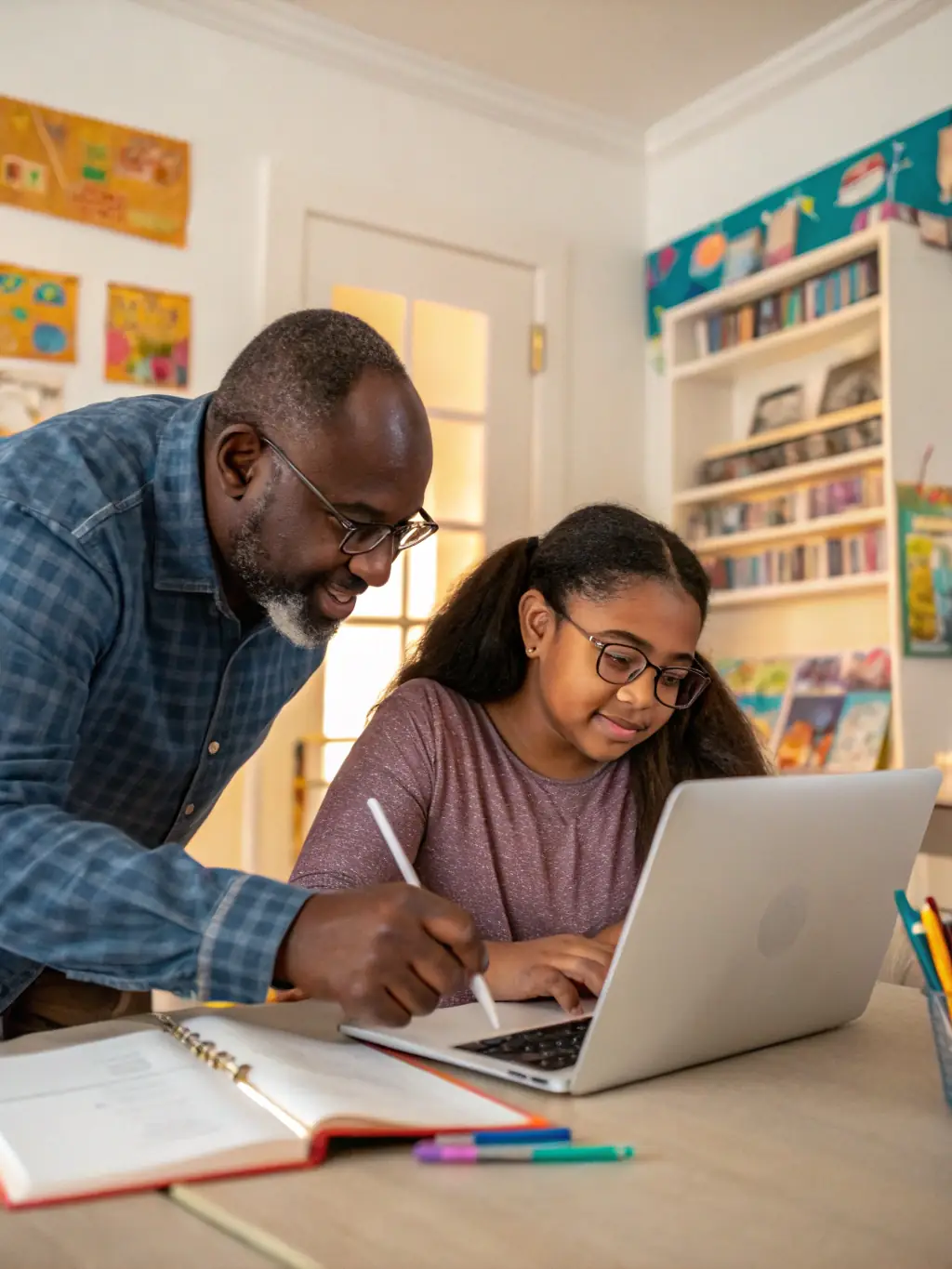A mentor guiding a young student through a complex coding problem on a laptop, emphasizing personalized support and skill development.