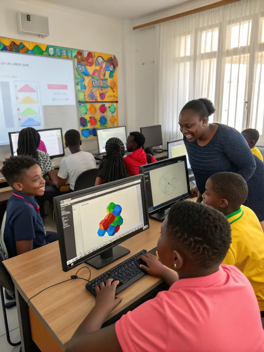 A diverse group of young students collaboratively working on a cybersecurity project in a modern classroom setting, showcasing the practical application of digital skills.