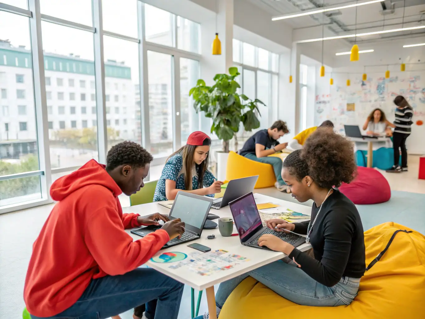 A vibrant image depicting a group of young African innovators collaborating on a tech project in a modern, well-equipped lab space, showcasing the collaborative environment of Lab3's incubation program.