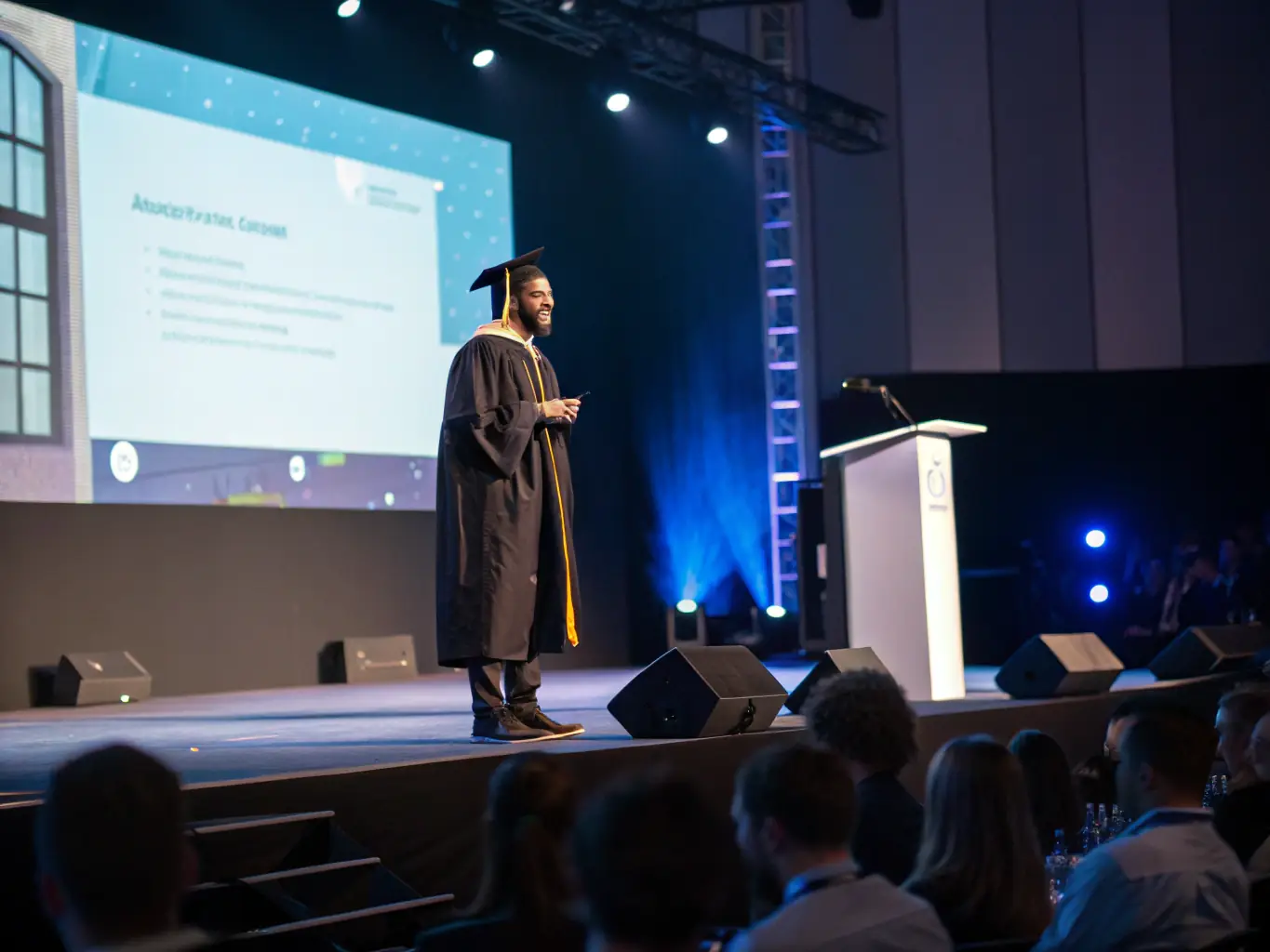 A photo of a successful African tech entrepreneur presenting their innovative product or service at a conference or expo, showcasing the impact of Lab3's accelerator program.
