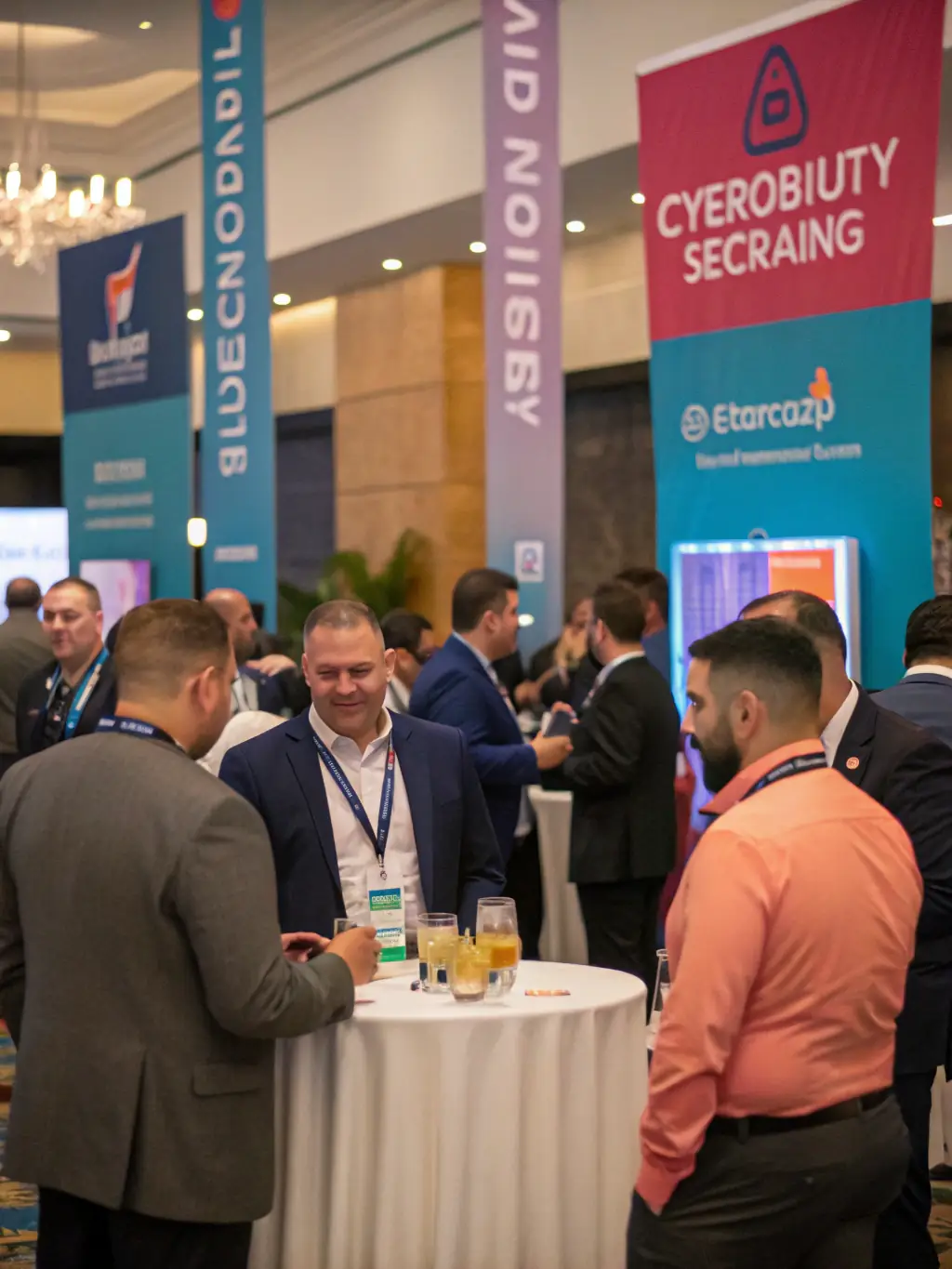 A group of professionals networking at a cybersecurity conference, highlighting the opportunity to connect with peers and experts in the field.