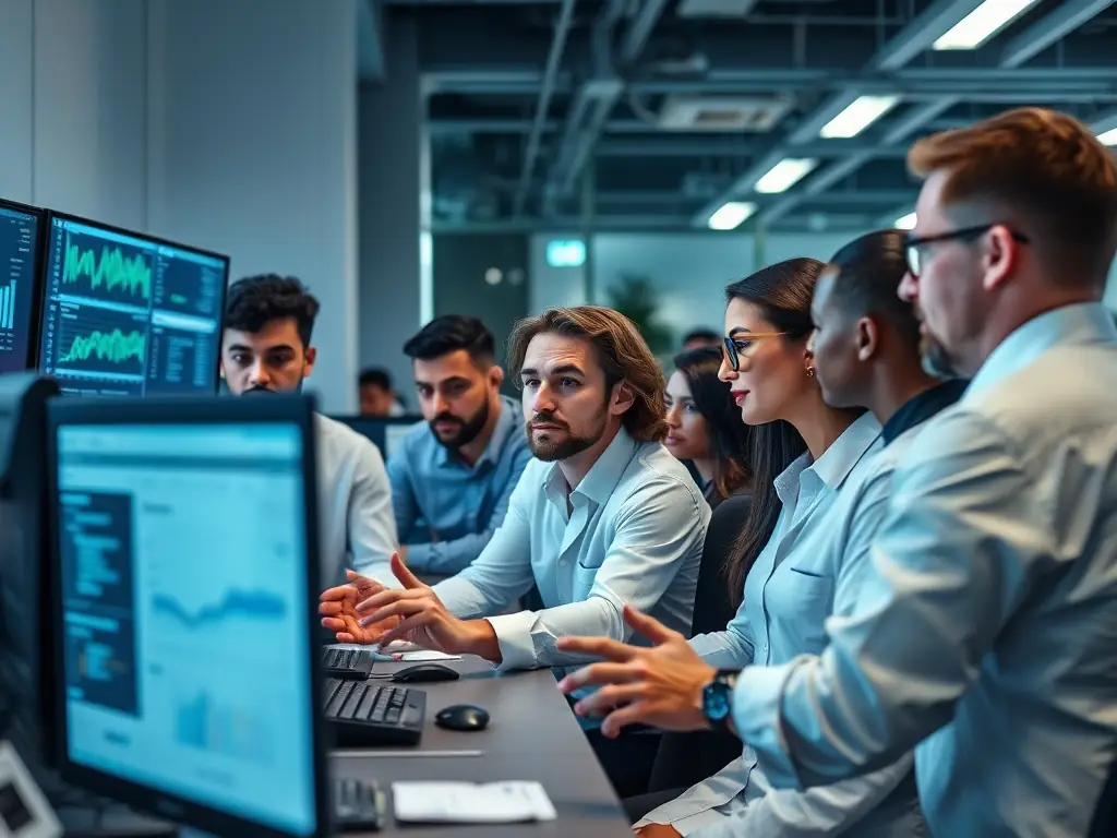 A team of cybersecurity experts is collaborating on a security assessment, analyzing data and identifying potential risks.
