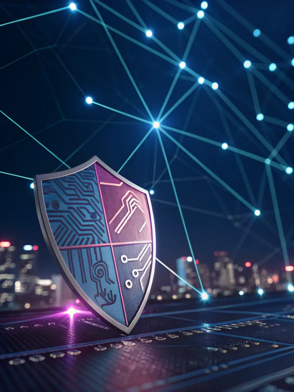A shield icon with a lock in the center, surrounded by digital data streams, symbolizing data protection and incident response.