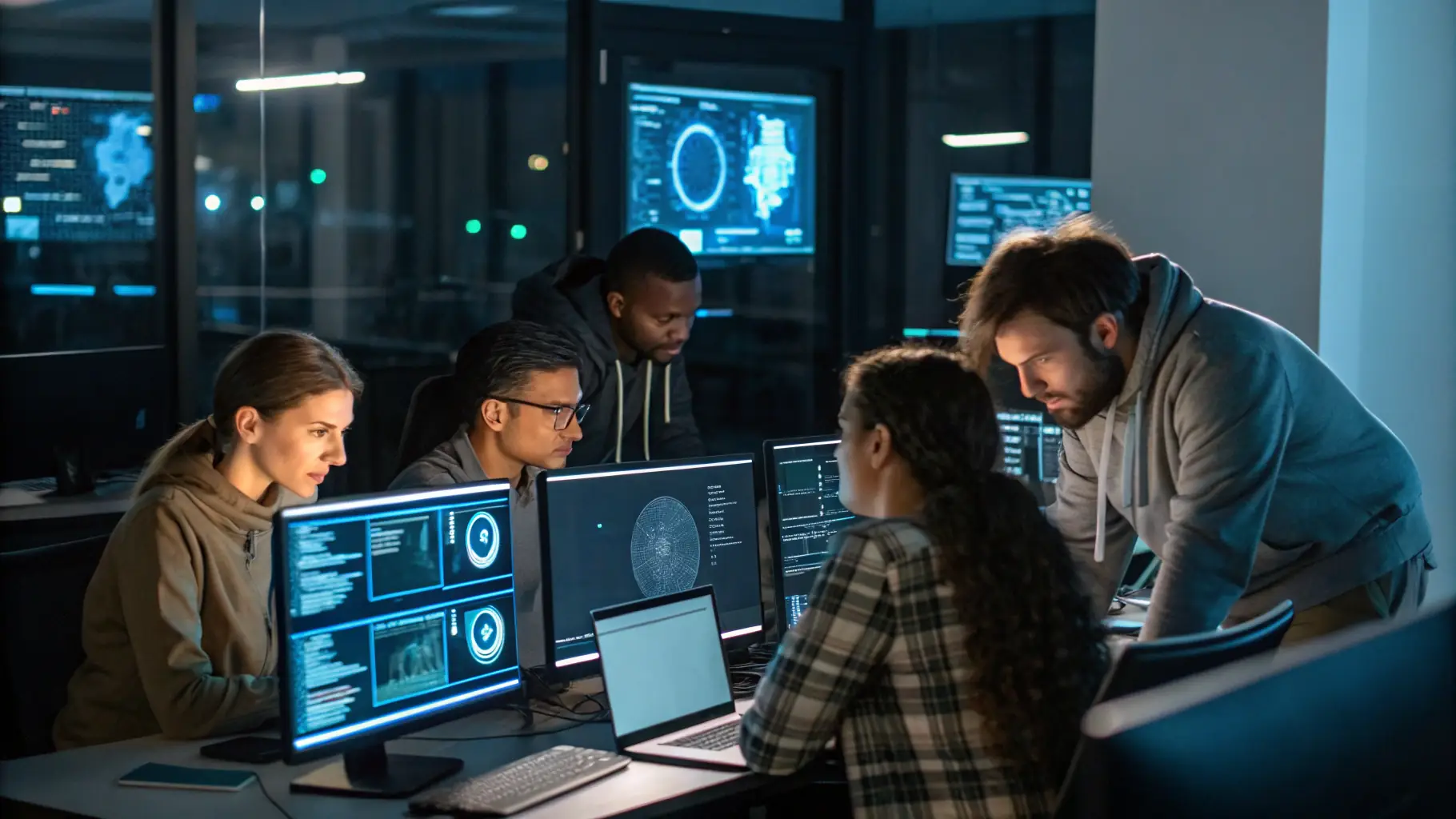 A modern office space with diverse team members collaborating on cybersecurity projects, showcasing a vibrant and inclusive work environment at HDI.